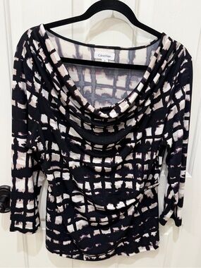 Calvin Klein Black and Cream Abstract Grid Cowl Top
